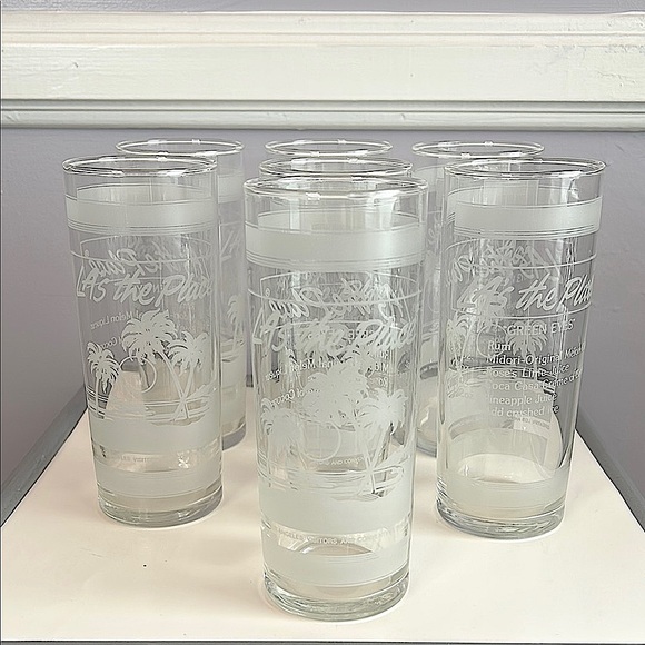 7 LA’s the Place VTG glass tumblers palm trees ocean design Green Eyes recipe - Picture 1 of 10